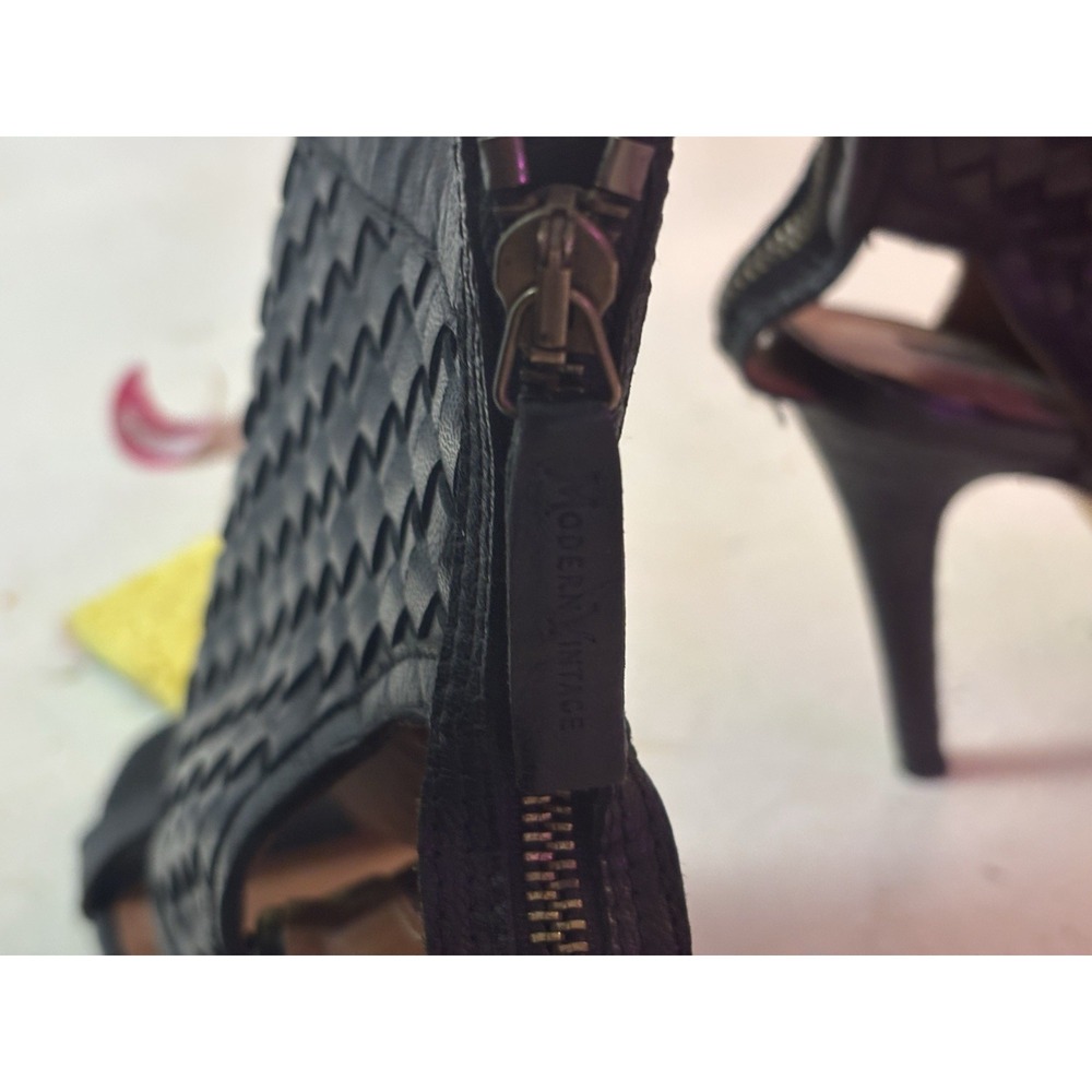 Modern Vintage Black Leather Weave Heels‎ Open Toe Stiletto Whimsigoth Boho 10 - Picture 5 of 6